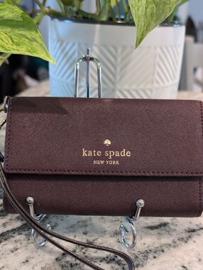 kate spade Saffiano Leather Wallet Wristlet w/Gold Accents In Deep Plum
